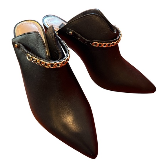 White House Black Market Black heeled mules size 8.5 gold chain accent EXC - Picture 2 of 6